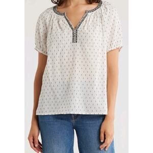 Lucky Brand Embroidered Puff Sleeve Cotton Blend Top In White Size LARGE